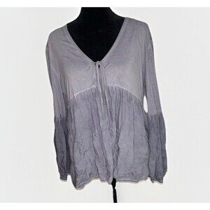 Medium Boho Peasant Blouse Long Sleeve V Neck Tie Flowy Babydoll Top Chic Gray